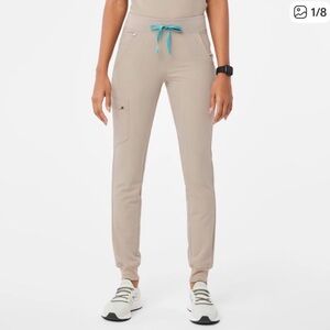 Figs Women's Track Pants in Beige with Teal Accents